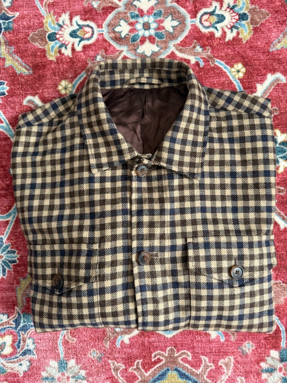 J McLaughlin Men’s Wool Over Shirt, Size Large, Brown/Tan/Navy Plaid